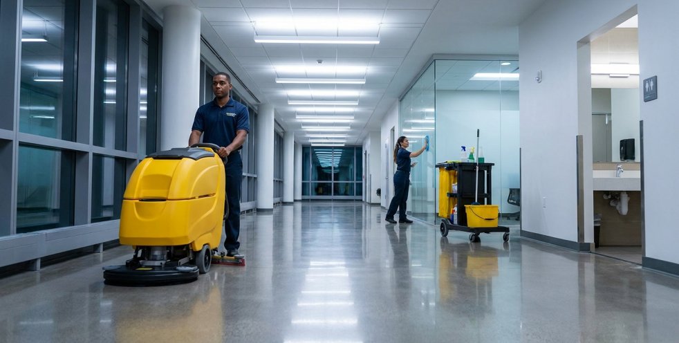 Janitorial staff cleaning a modern office hallway with floor scrubber and supply cart