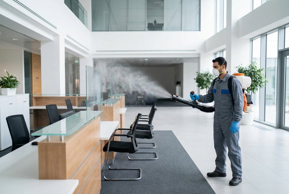 Technician applying electrostatic disinfectant to office chairs and counters in a modern lobby