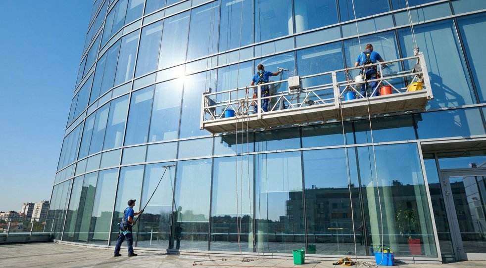 Commercial window cleaners washing high-rise office windows on a glass building